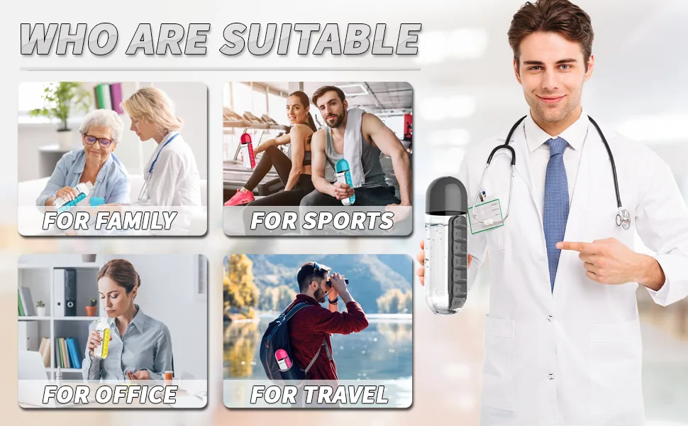 Water Bottle with Pill Holder, Portable Inserted Pill Case Bottle with Weekly Day Marker Reminder for Travel, Office, Outdoor, 20oz (Black) - Pill Holder