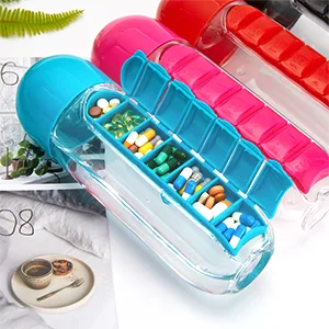 Water Bottle with Pill Holder, Portable Inserted Pill Case Bottle with Weekly Day Marker Reminder for Travel, Office, Outdoor, 20oz (Black) - Pill Water Bottle