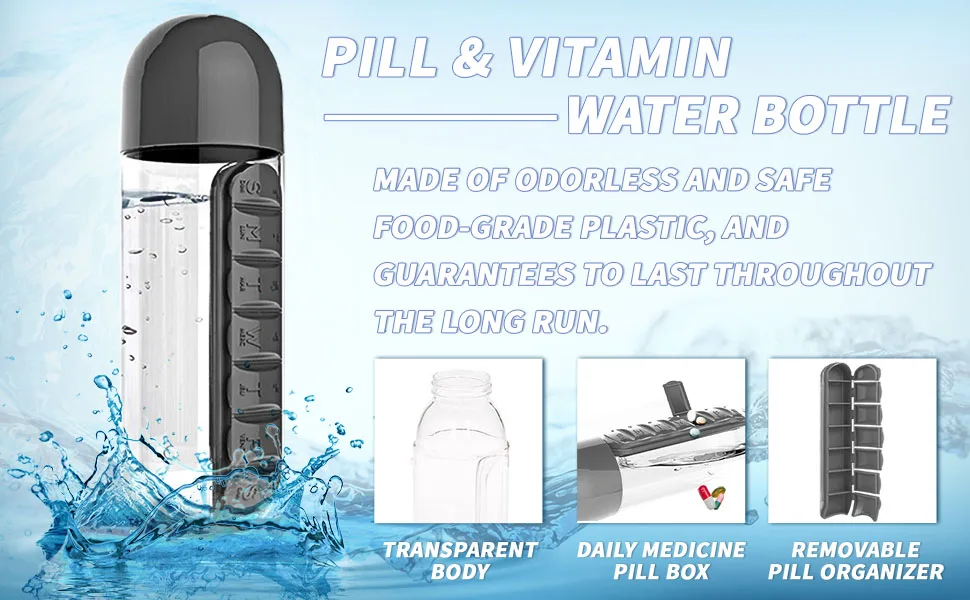 Water Bottle with Pill Holder, Portable Inserted Pill Case Bottle with Weekly Day Marker Reminder for Travel, Office, Outdoor, 20oz (Black) - Pill Water Bottle
