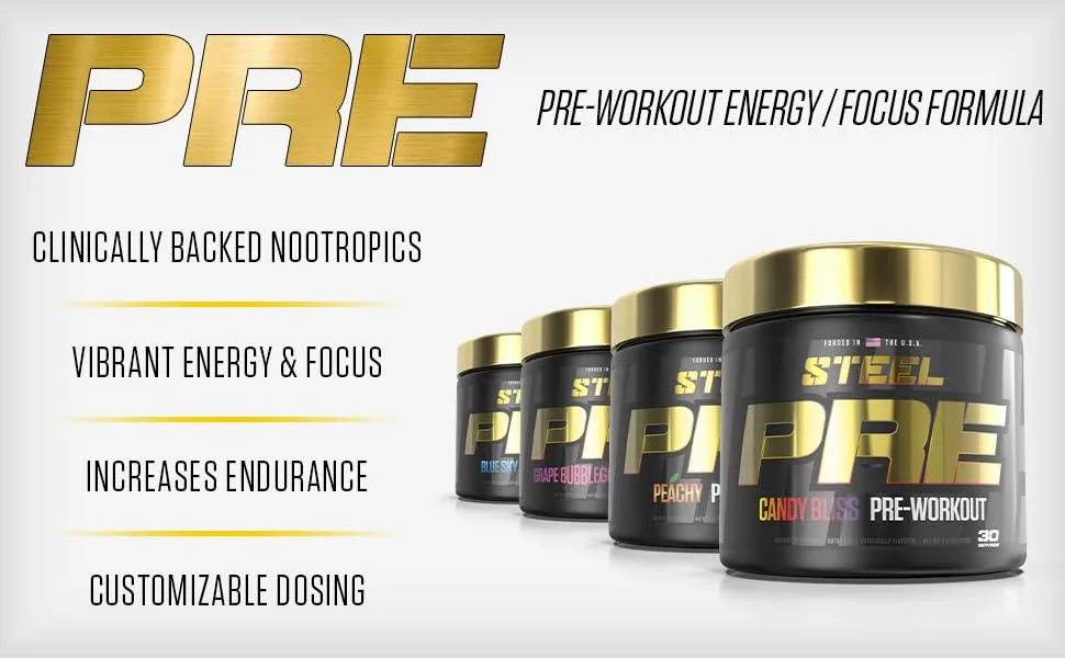 Steel Supplements PRE-Workout| Clean Energy | Intense Focus | PH Balanced Creatine | Antioxidant | Increased Pump | 30 Servings (Candy Bliss) - Pre Candy bliss
