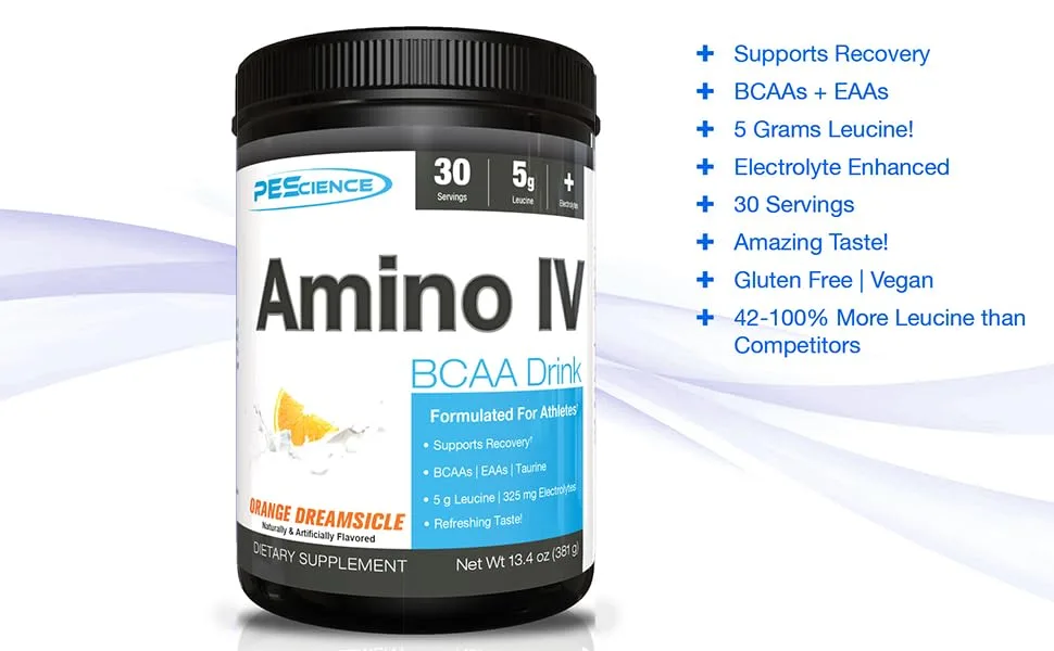 PEScience Amino IV, Raspberry Grape, 60 Scoop, BCAA and EAA Powder with Electrolytes - bcaa eaa xtend scivation amino acids leucine branched chain electrolyte powder recovery drink
