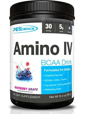 PEScience Amino IV, Raspberry Grape, 60 Scoop, BCAA and EAA Powder with Electrolytes - raspberry grape pescience amino IV bcaa EAA leucine powder recovery electrolytes taurine branched
