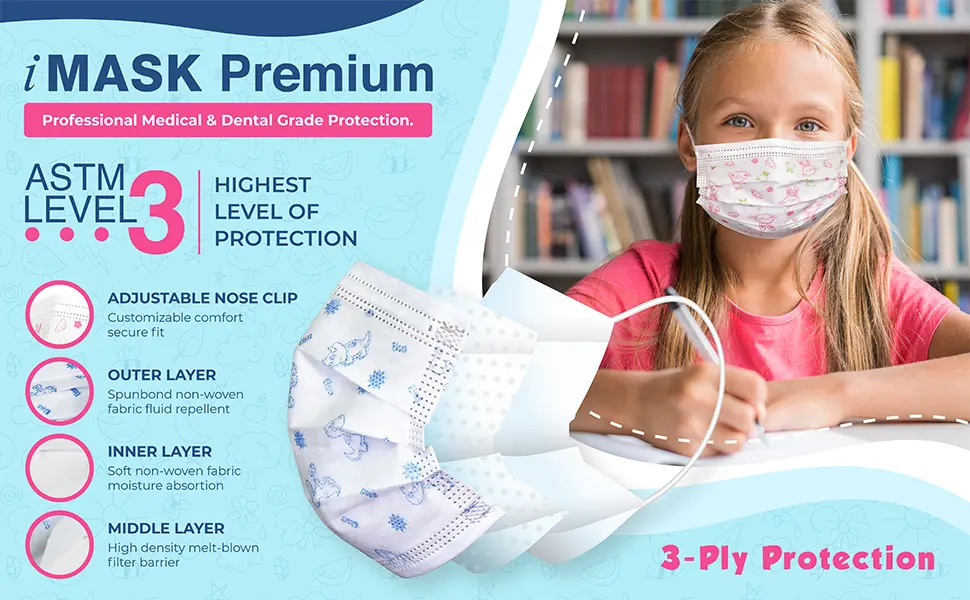 Pac-Dent iMask Premium ASTM Level 3 Kid Face Masks with Adjustable Nose Piece and Soft Ear Loops 50-Pack, Pink - astm level 3 face mask adjustable nose clip premium face maks for kids