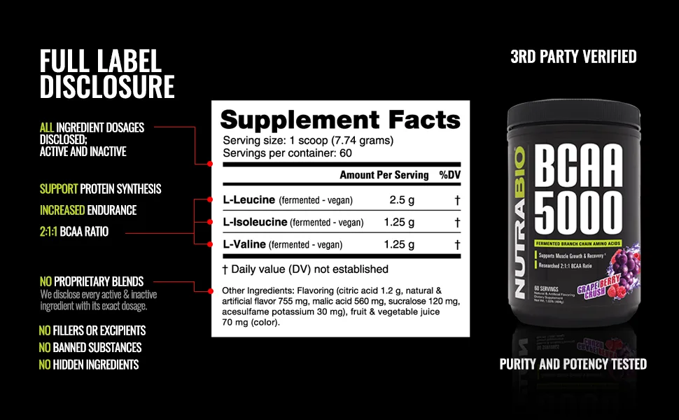 NutraBio BCAA 5000 Powder - Vegan Fermented BCAAs - Supports Lean Muscle Growth, Recovery, Endurance - Zero Fat, Sugar, and Carbs - 60 Servings - Blue Raspberry Blue Raspberry 60 Servings (Pack of 1) - bcaa 5000 supplement facts panel