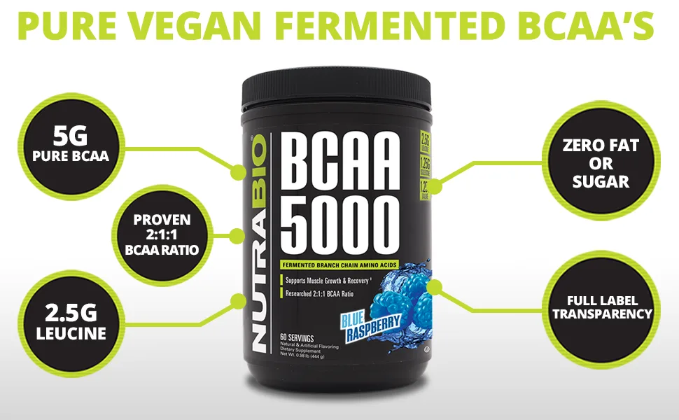 NutraBio BCAA 5000 Powder - Vegan Fermented BCAAs - Supports Lean Muscle Growth, Recovery, Endurance - Zero Fat, Sugar, and Carbs - 60 Servings - Blue Raspberry Blue Raspberry 60 Servings (Pack of 1) - nutrabio bcaa 5000 fermented amino acid powder intra workout recovery