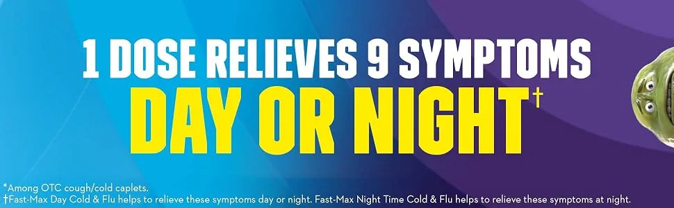 Mucinex Maximum Strength Fast-MAX Cold & Flu Day & Night All-in-One Multi Symptom Relief Caplets, Blue, 20 Count. - one dose relieves nine symptoms day or night