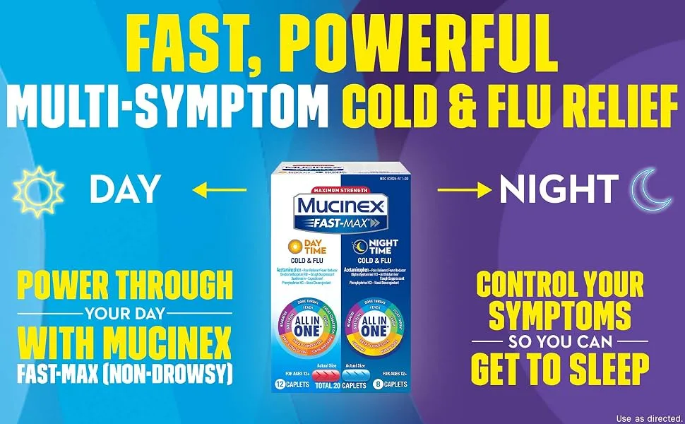 Mucinex Maximum Strength Fast-MAX Cold & Flu Day & Night All-in-One Multi Symptom Relief Caplets, Blue, 20 Count. - power through your day with mucinex fastmax. control your symptoms so you can get to sleep.