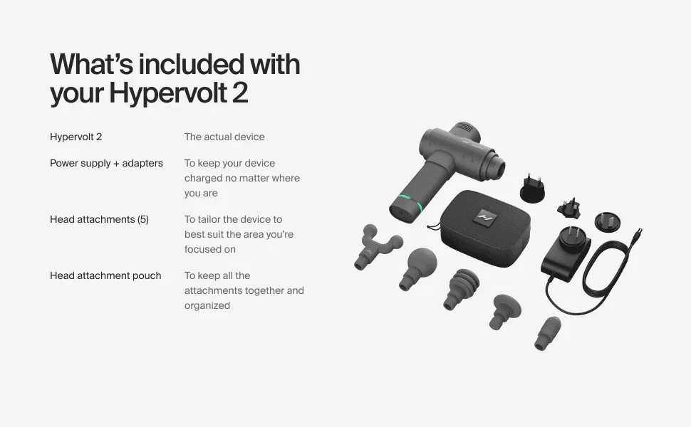 Hypervolt 2 - Featuring Quiet Glide Technology - Handheld Percussion Massage Gun | 3 Speeds, 5 Interchangeable Heads | Helps Relieve Sore Muscles and Stiffness - What