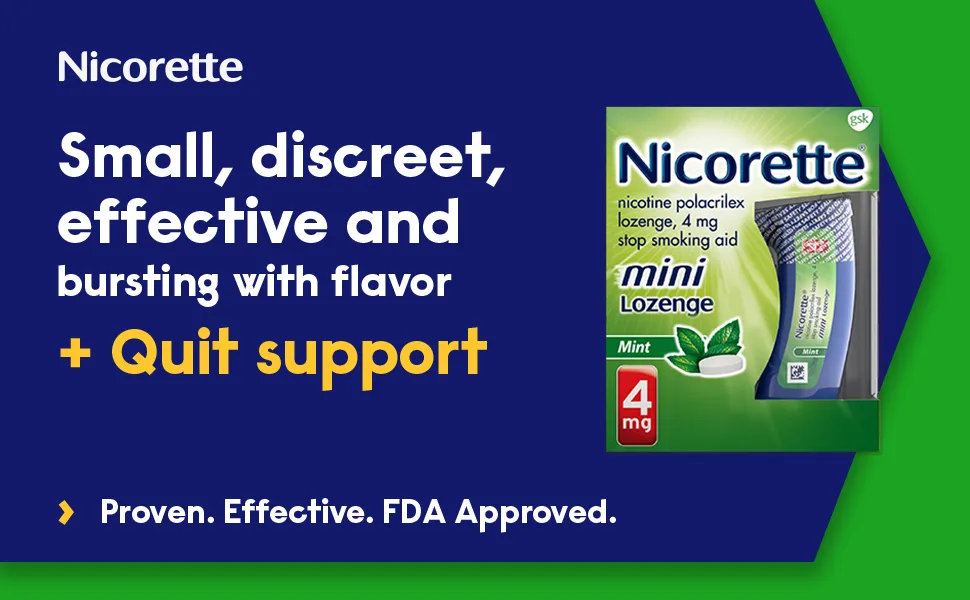 Nicorette 4mg Mini Nicotine Lozenges to Help Quit Smoking with Behavioral Support Program - Mint Flavored Stop Smoking Aid, 81 Count - Small, discreet, effective and bursting with flavor + quit support