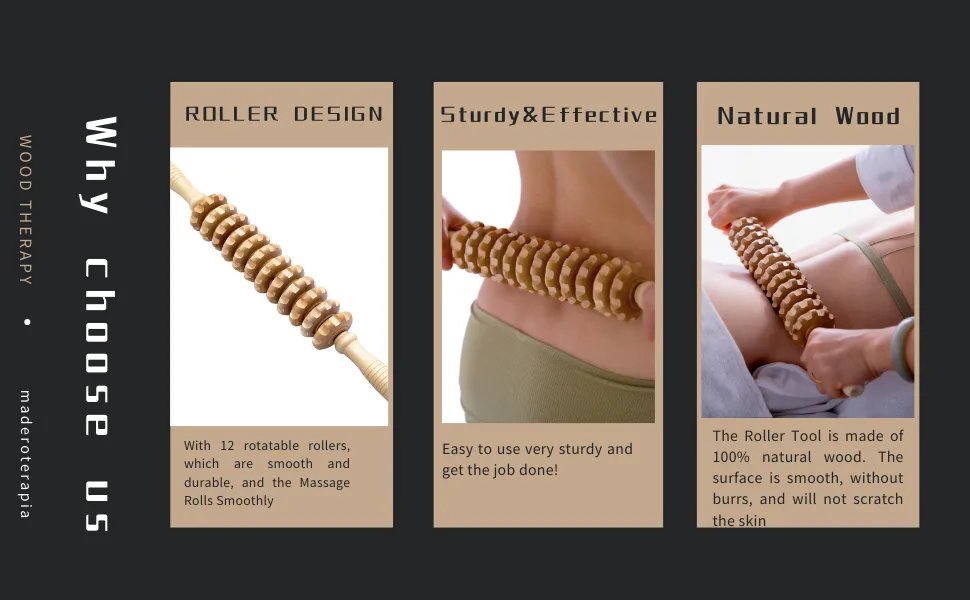 Mikako Wood Therapy Roller Massage Tools, Lymphatic Drainage Massager, Wooden Massage & Muscle Roller Stick, Handheld Cellulite Trigger Point Manual Muscle Release Roller Massager - product information 2