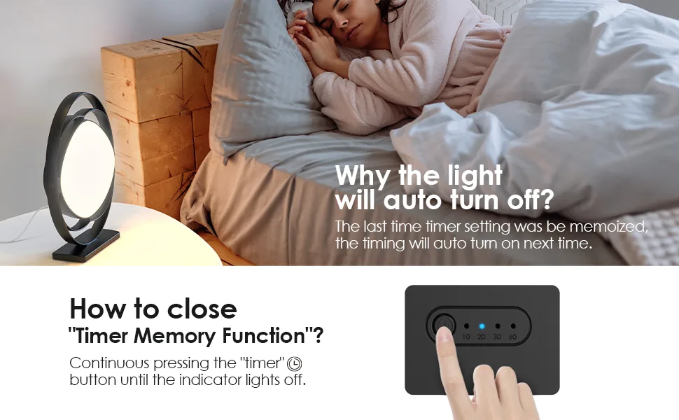 Light Therapy Lamp, ALBINA UV-Free 10000 Lux Happy Light with 3 Color Temperature Modes & Adjustable Brightness & Timer & Memory Function, Happy Lamp Therapy Light for Office/Home/Decoration (Black) - How to close Timer Memory Function