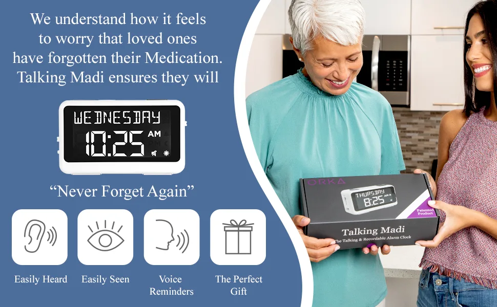 ORKA Talking Clock for Elderly Seniors, Medication Pill Reminder Recordable Alarm Clock Customize Your Multiple Alarms, Digital Day Clock with 8” Large Display for Dementia, Hearing Visually Impaired - Medication Reminder, Digital Alarm Clock, Senior Clock, Dementia, Alzheimers Clock, Elderly Clock