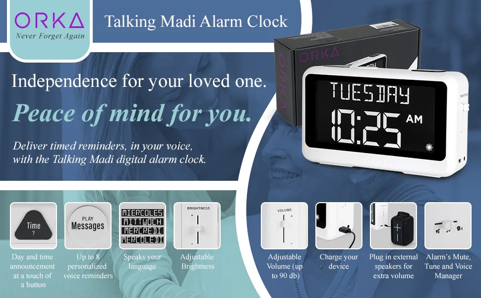 ORKA Talking Clock for Elderly Seniors, Medication Pill Reminder Recordable Alarm Clock Customize Your Multiple Alarms, Digital Day Clock with 8” Large Display for Dementia, Hearing Visually Impaired - Senior Clock, Dementia Clock, Large Digital Clock