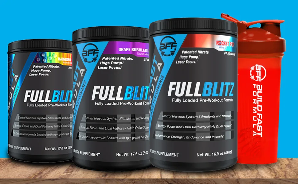 FULLBLITZ by BFF Build Fast Formula | Fully Loaded Pre-Workout | Energy Booster + Huge Dual Pathway Nitric Oxide Boosting Muscle Pumps, Laser Focus & Nootropic Blend – 24 Workouts (Grape Taffy) - Build Fast Formula, BFF, FULLBLITZ, Full Blitz, preworkout,nitricoxide,energy,focus,strength