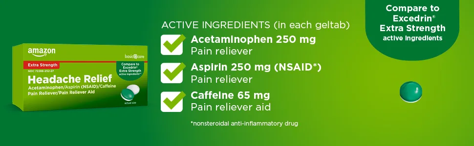 Amazon Basic Care Headache Relief, 80 Count Geltabs - Extra Strength Headache Relief Active ingredients