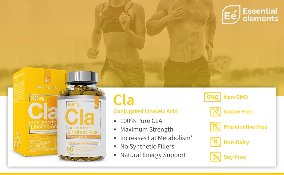 CLA Maximum Strength - Healthy Weight Management - 3000 mg 100% Pure Conjugated Linoleic Acid | Essential Elements - 90 Softgels 90 Count (Pack of 1) - Essential Elements CLA