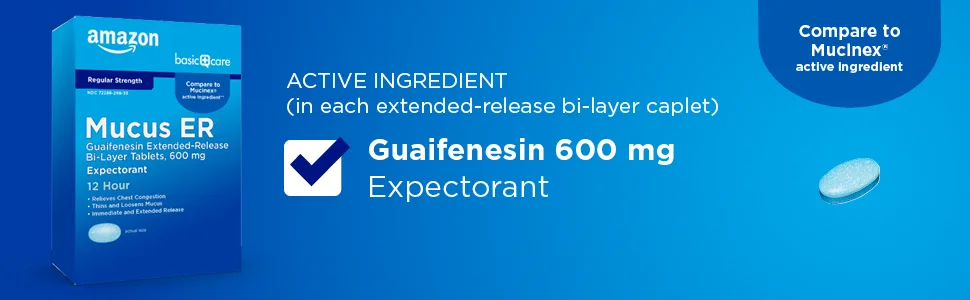Amazon Basic Care Guaifenesin Cough and Mucus Relief Extended-Release Tablets, 600 mg, 12 Hour Expectorant Caplet 20 Count - Mucus ER Active ingredient, guaifenesin 600 mg, compare to mucinex