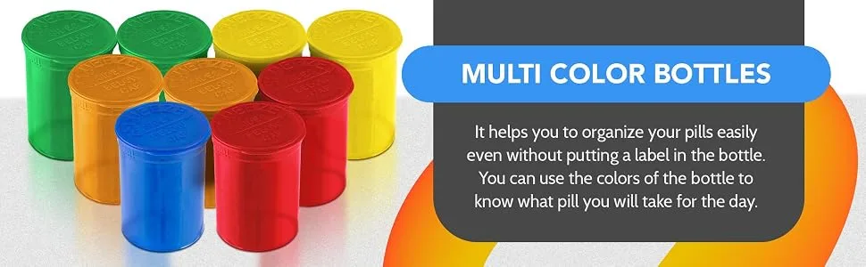 Empty Pill Bottles with Caps - Airtight 30 Dram Pop Top Bottles - Prescription Medicine Container - Multi Use for Herbs, Candy, Crafts, and More - 10 Pack Transparent Multi Color - Multi Color Feature for organizing