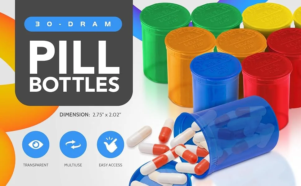 Empty Pill Bottles with Caps - Airtight 30 Dram Pop Top Bottles - Prescription Medicine Container - Multi Use for Herbs, Candy, Crafts, and More - 10 Pack Transparent Multi Color - Pack of 10, 30 dram pill bottles