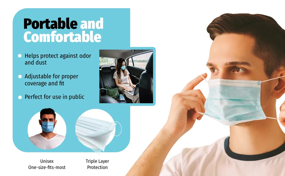 HoMedicsDisposable 3-Layer Face Mask, Adjustable Elastic Ear-Loop, 3-Ply Protection for Air Pollution and Dust, 50 Pack, Multicolor Adult Multicolor - face shields, disposable face mask, masks for protection, masks for sale cup dust safety disposable
