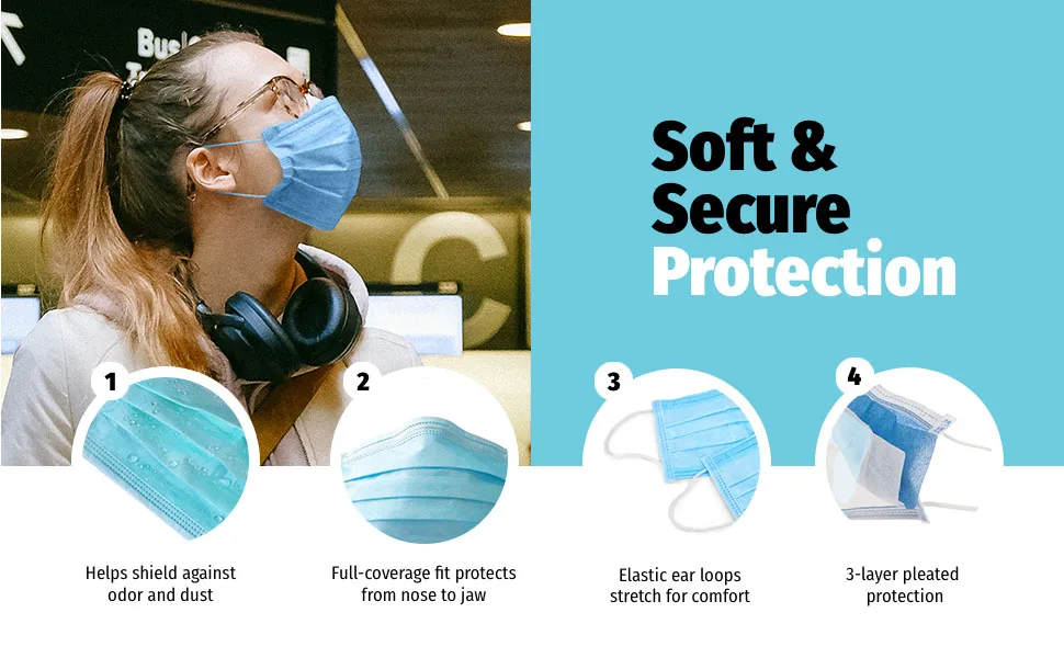 HoMedicsDisposable 3-Layer Face Mask, Adjustable Elastic Ear-Loop, 3-Ply Protection for Air Pollution and Dust, 50 Pack, Multicolor Adult Multicolor - face shields, disposable face mask, masks for protection, masks for sale cup dust safety disposable