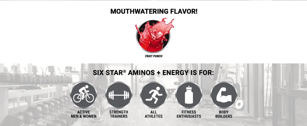 Six Star Aminos Plus Energy, BCAA Powder, Fruit Punch, 30 Servings, Natural color - Mouthwatering Flavor!