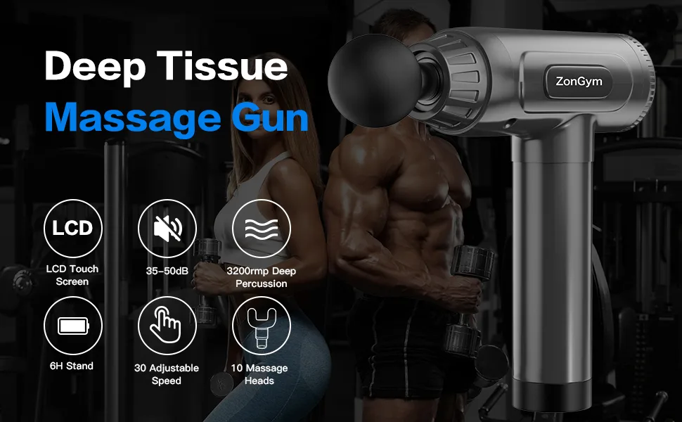 Massage Gun Deep Tissue, Percussion Muscle Massager Gun, 30 Speeds Quiet Handheld Massager for Muscle Neck Back Shoulder , LCD Touch Screen with 10 Heads (Gray) - massage gun