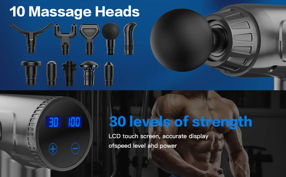 Massage Gun Deep Tissue, Percussion Muscle Massager Gun, 30 Speeds Quiet Handheld Massager for Muscle Neck Back Shoulder , LCD Touch Screen with 10 Heads (Gray) - massage gun
