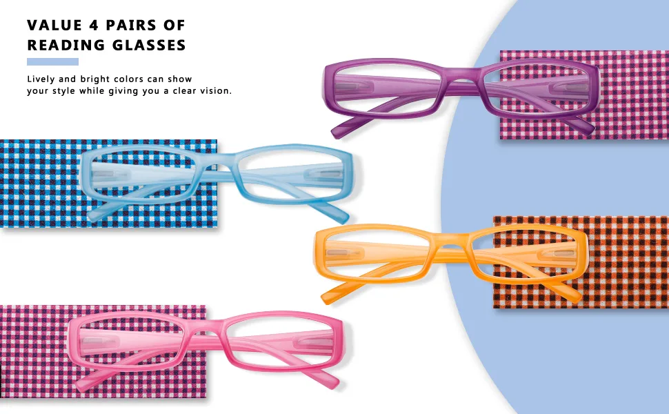 EASY READ 4 Pack Fashion Rectangular Reading Glasses for Women, Spring Hinge Ladies Elegant Readers, Colorful Eyeglasses Frames, +1.5 Mix Color 1.5 x - 4 Pack Colorful Reading Eyewear