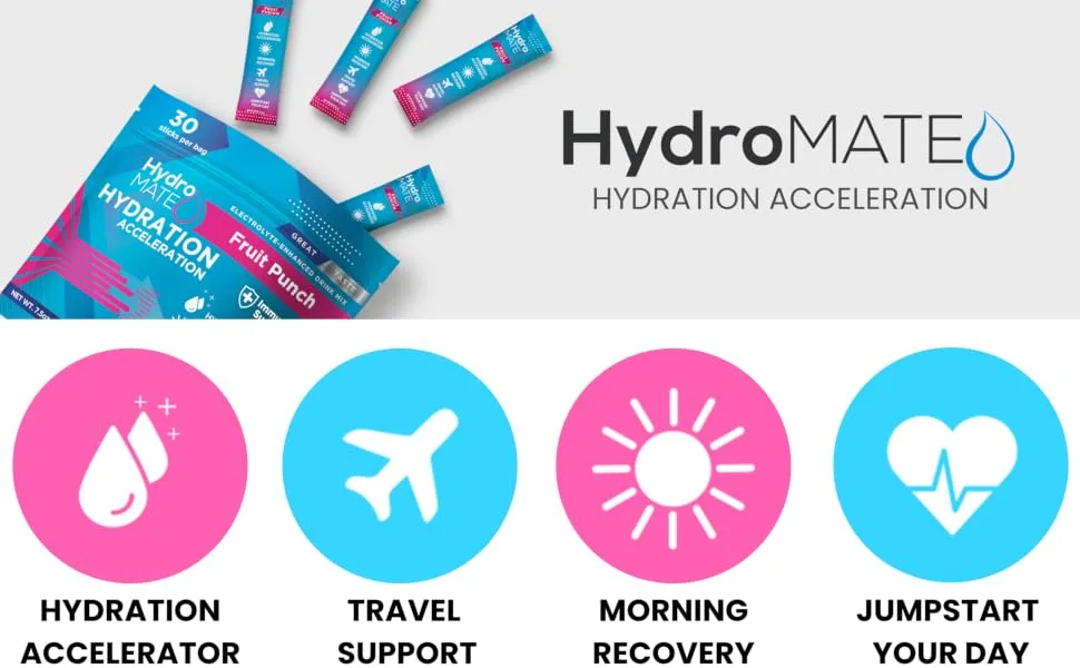 HydroMATE Electrolytes Powder Drink Mix Packets Hydration Accelerator Low Sugar Hangover Party Recovery Vitamin C Fruit Punch 30 Sticks 30 Count (Pack of 1) - FruitEBC