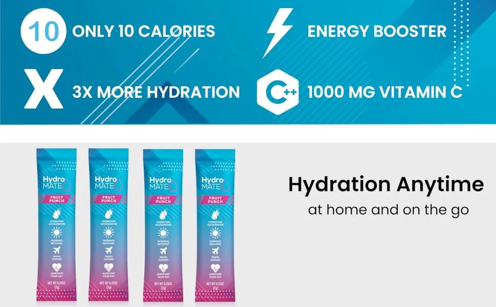 HydroMATE Electrolytes Powder Drink Mix Packets Hydration Accelerator Low Sugar Hangover Party Recovery Vitamin C Fruit Punch 30 Sticks 30 Count (Pack of 1) - product information 2