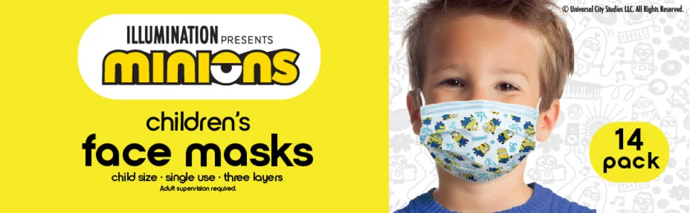 Children’s Single Use Face Mask, Illumination's Minions, 14 count, small, Ages 2 - 7, by Just Play - unspecified