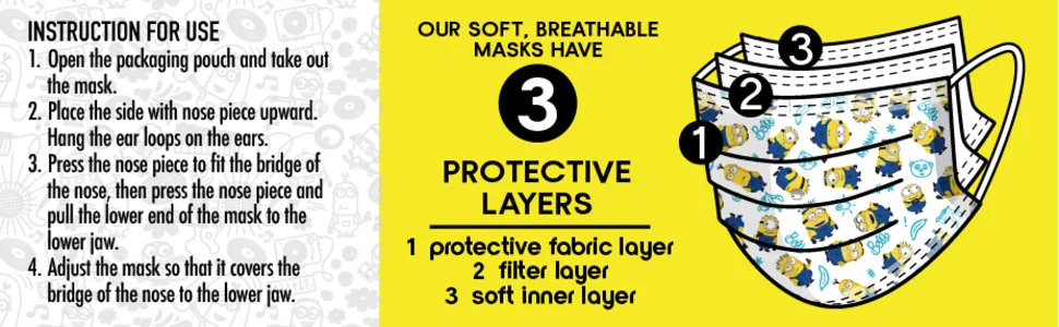 Children’s Single Use Face Mask, Illumination's Minions, 14 count, small, Ages 2 - 7, by Just Play - unspecified