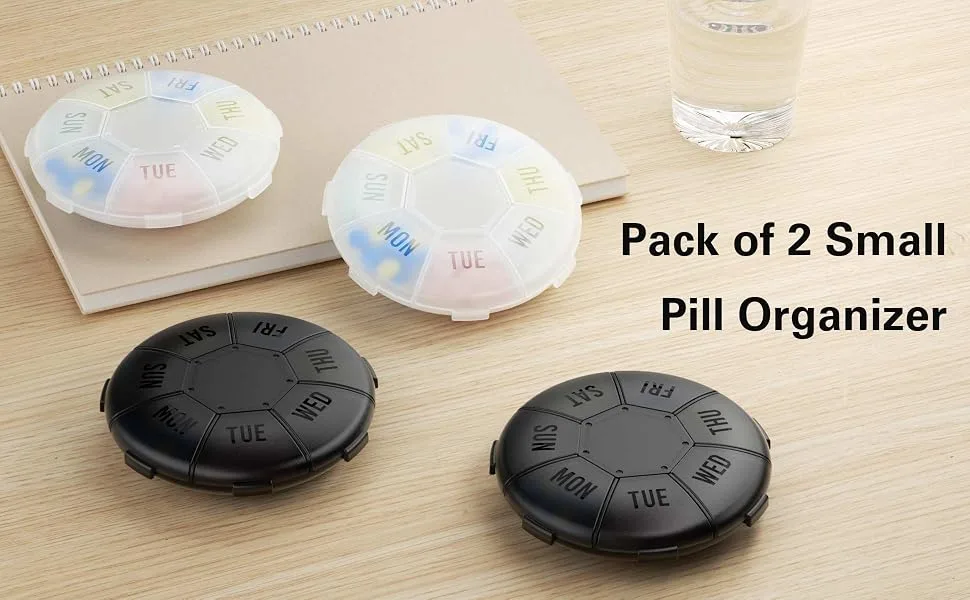 Small Pill Organizer Weekly (2 Pack), Barhon 7 Day Daily Pill Box Cases, 2 Weeks Portable Medicine Container for Vitamin Fish Oil Supplements Black - small 7 day organizer