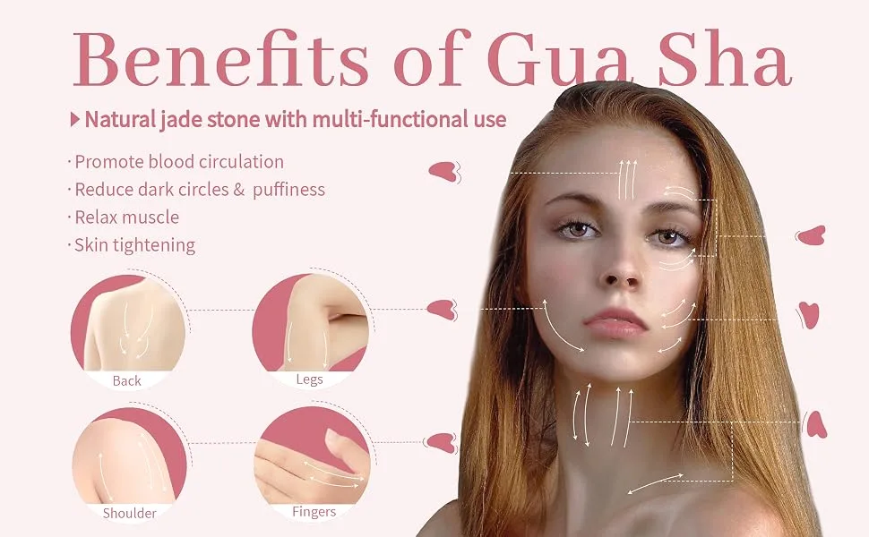 Gua Sha Facial Tool, Natural Jade Stone Guasha Board for SPA Acupuncture Therapy Trigger Point Treatment, Gua Sha Scraping Massage Tool (Pink) - gua sha 2