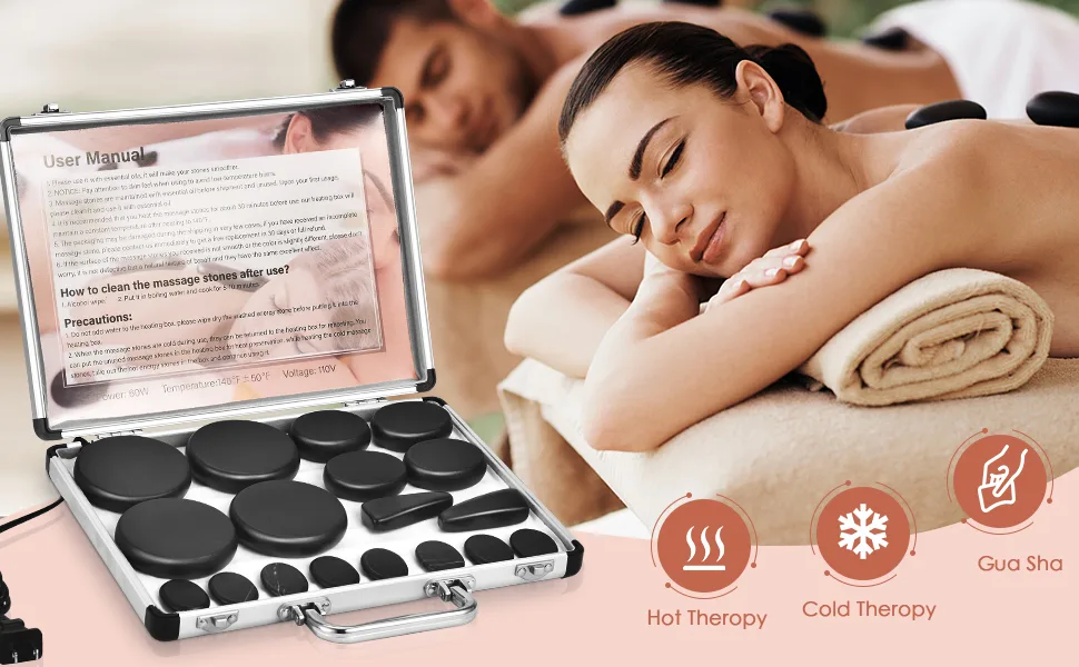 20 Hot Rocks Massage Kit with Warmer Heated Basalt Massaging Stones Portable Heating Box for Spa Warming Therapy Massage 20 Stones & Silver Heater Case - stone massage kit