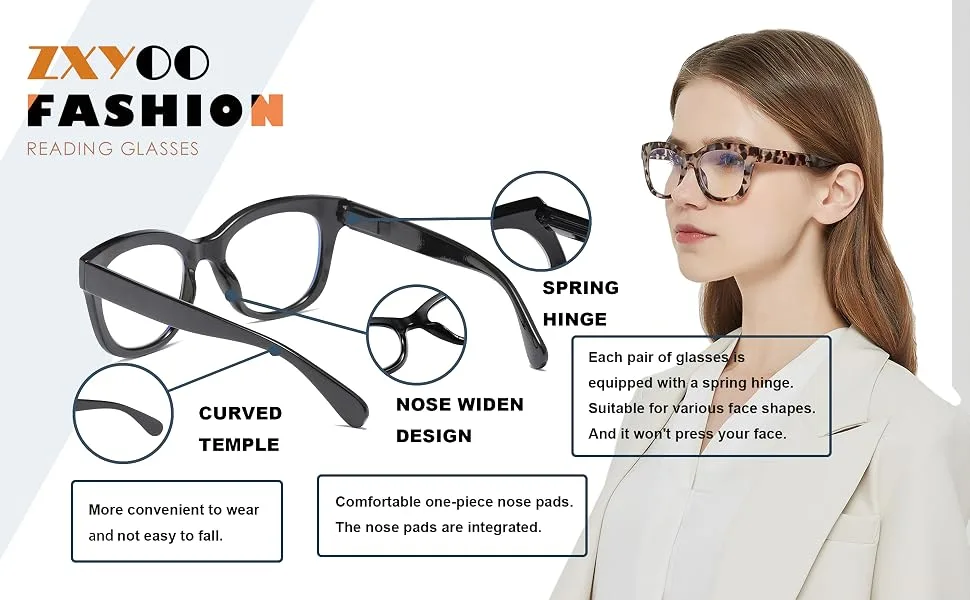 ZXYOO Oversized Reading Glasses for Women,3 Pack Blue Light Blocking Computer Spring hinge Readers Black&leopard&grey Leopard 1.5 x - product information 4