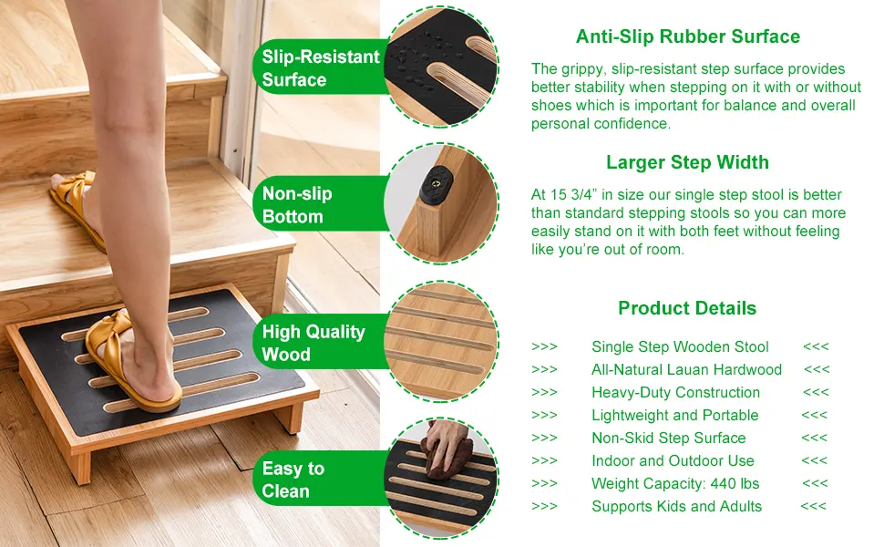 StrongTek One Step Stool for Adults with Non-Slip Rubber Stepping Surface, Portable Single Wooden Riser, 440 lb. Load Capacity for Kitchen, Bathroom, or Bedside, Kid and Senior Support (Natural) - bed step stool