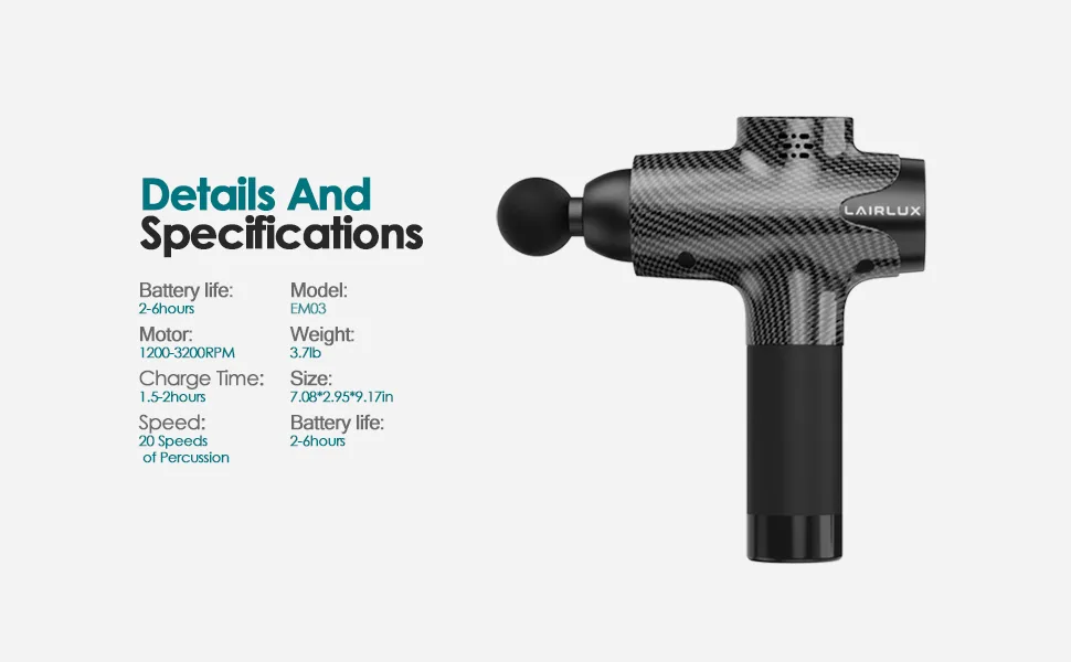 LAIRLUX Massage Gun - Deep Tissue Massager Gun for Muscle Fatigue Relief - Percussion Massage Gun - Model EM-03Pro Carbon - hypervolt massage gun