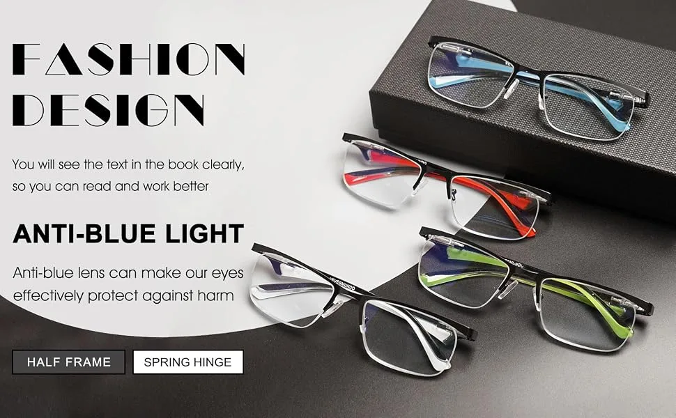VEVESMUNDO Metal Reading glasses Men Spring Hinges Classic Half Frame Design Rectangular HD Readers Eyeglasses 4 Blue Light Blocking Set 1.5 x - reading glasses half frame readers,readers spring hinge reading glasses,readers men spring hinge,