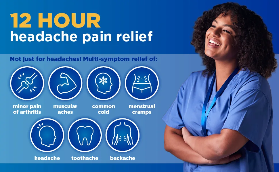 Amazon Basic Care Naproxen Sodium Tablets 220 mg, Headache Pain, 90 Count - 12 Hour headache pain relief infographic