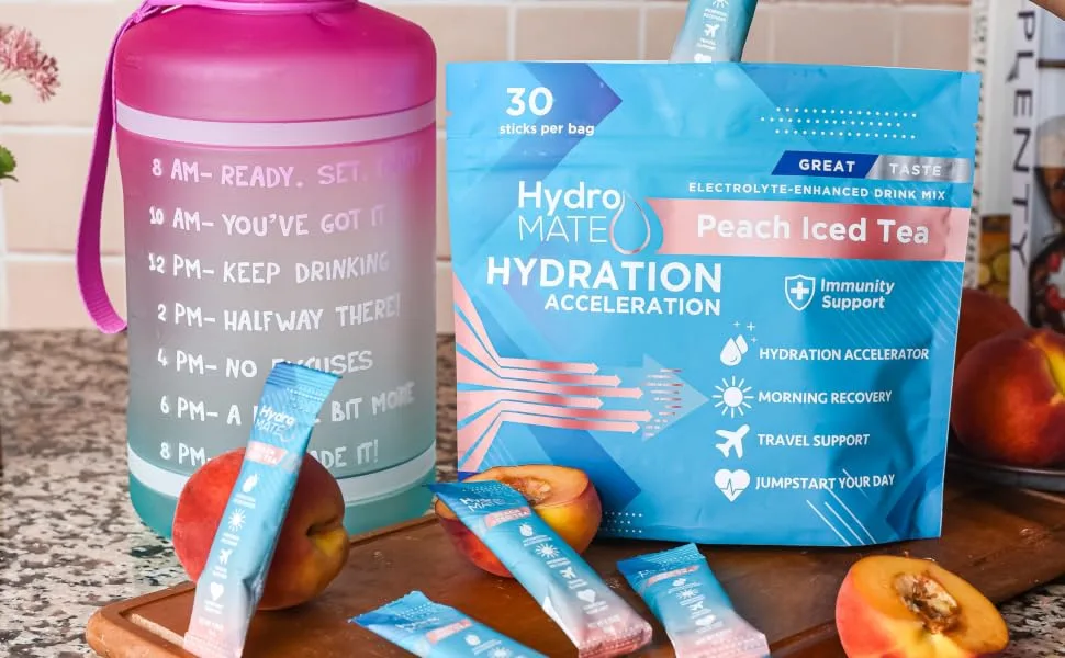 HydroMATE Electrolytes Powder Packets Drink Mix Low Sugar Hydration Accelerator Fast Hangover Party Recovery with Vitamin C Peach Iced Tea 30 Sticks 30 Count (Pack of 1) - PEACH EBC3