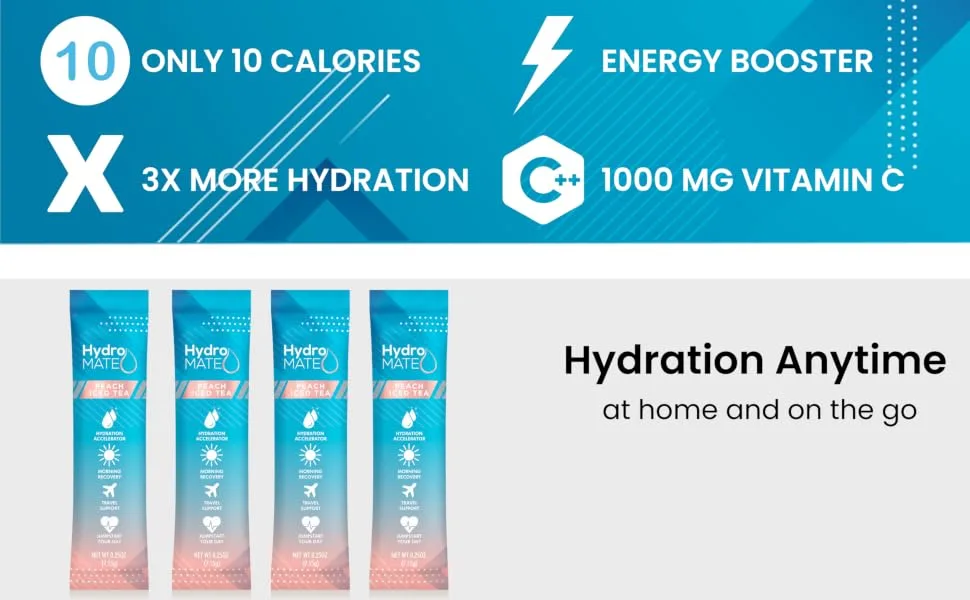 HydroMATE Electrolytes Powder Packets Drink Mix Low Sugar Hydration Accelerator Fast Hangover Party Recovery with Vitamin C Peach Iced Tea 30 Sticks 30 Count (Pack of 1) - PeachEBC