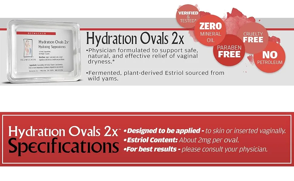 Bezwecken – Hydration Ovals 2x – 16 Extra Strength Oval Suppositories - Professionally Formulated to Alleviate Vaginal Dryness in Menopausal Women - Safe & Natural - product information 2