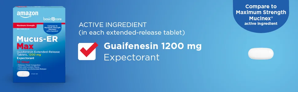 Amazon Basic Care Maximum Strength Chest Congestion and Mucus Relief, Guaifenesin Extended-Release Tablets, 1200 mg Caplet 42 Count 42 Count (Pack of 1) Max - Mucus ER Max Active ingredient, guaifenesin 1200 mg, compare to mucinex