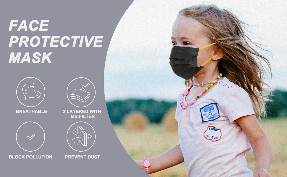 Sheal Kids 100PCS Individually Packaged Black with Colorful Elastic Earloops Disposable Face Masks for Children ( 4-12 Years) - product information 1