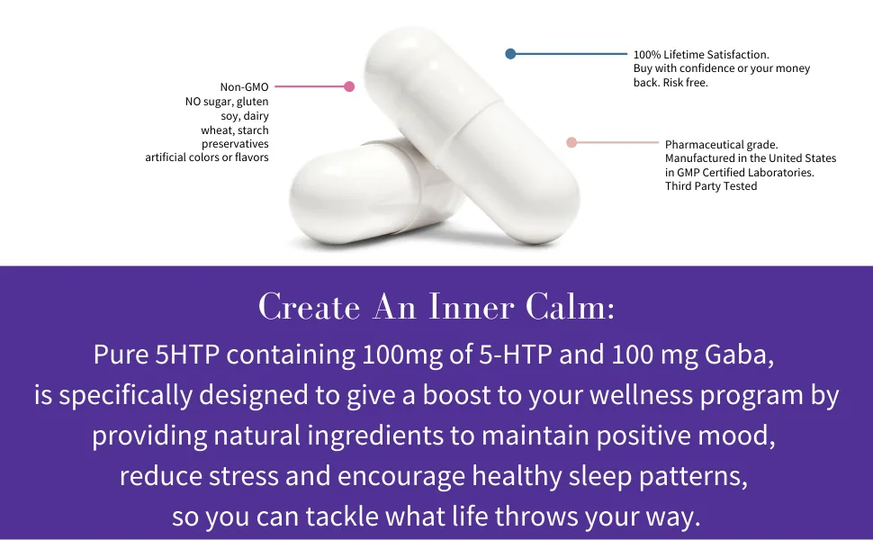 Pure 5-HTP (5-Hydroxytryptophan) Plus GABA Supplement - for Sleep, Mood & Stress Management - 60 Veggie Caps 1 - Gaba pills reduce stress support healthy sleep patterns