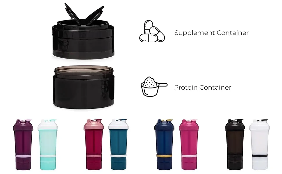 [2 Pack] 20 Ounce Shaker Bottle with Attachable Storage Compartments (White & Black - 2 Pack) | Protein Shaker Cup with Wire Whisk Balls | Attachable Container Storage for Protein or Supplements 20 Ounces - Plain White & B… - shaker bottle with storage containers motivational gym fitness gift workout motivation gomoyo