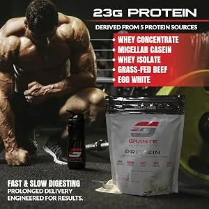 Protein Powder by Granite | 30 Servings of Complete Spectrum Protein to Build Lean Muscle | 5 Protein Sources: Whey Concentrate, Micellar Casein, Isolate, Grass Fed Beef, Egg White | 2lb (Chocolate) - 23g protein