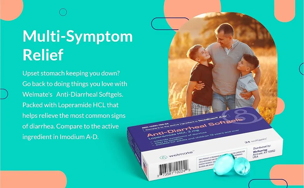 Welmate Anti-Diarrheal Softgels | Loperamide HCL 2 mg | 24 Count Blister Pack | Diarrhea Symptom Relief - multi-symptom relief